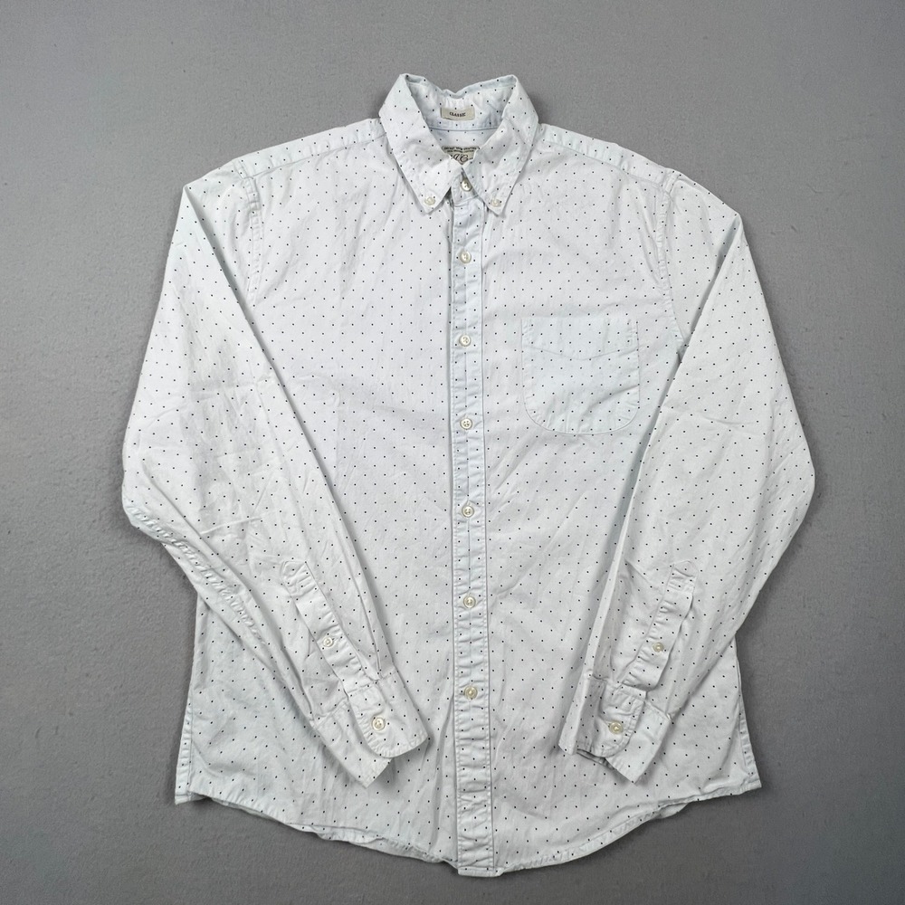 J. Crew Button Down Shirt Mens M White Polka Dot Secret Wash Stretch Classic Fit